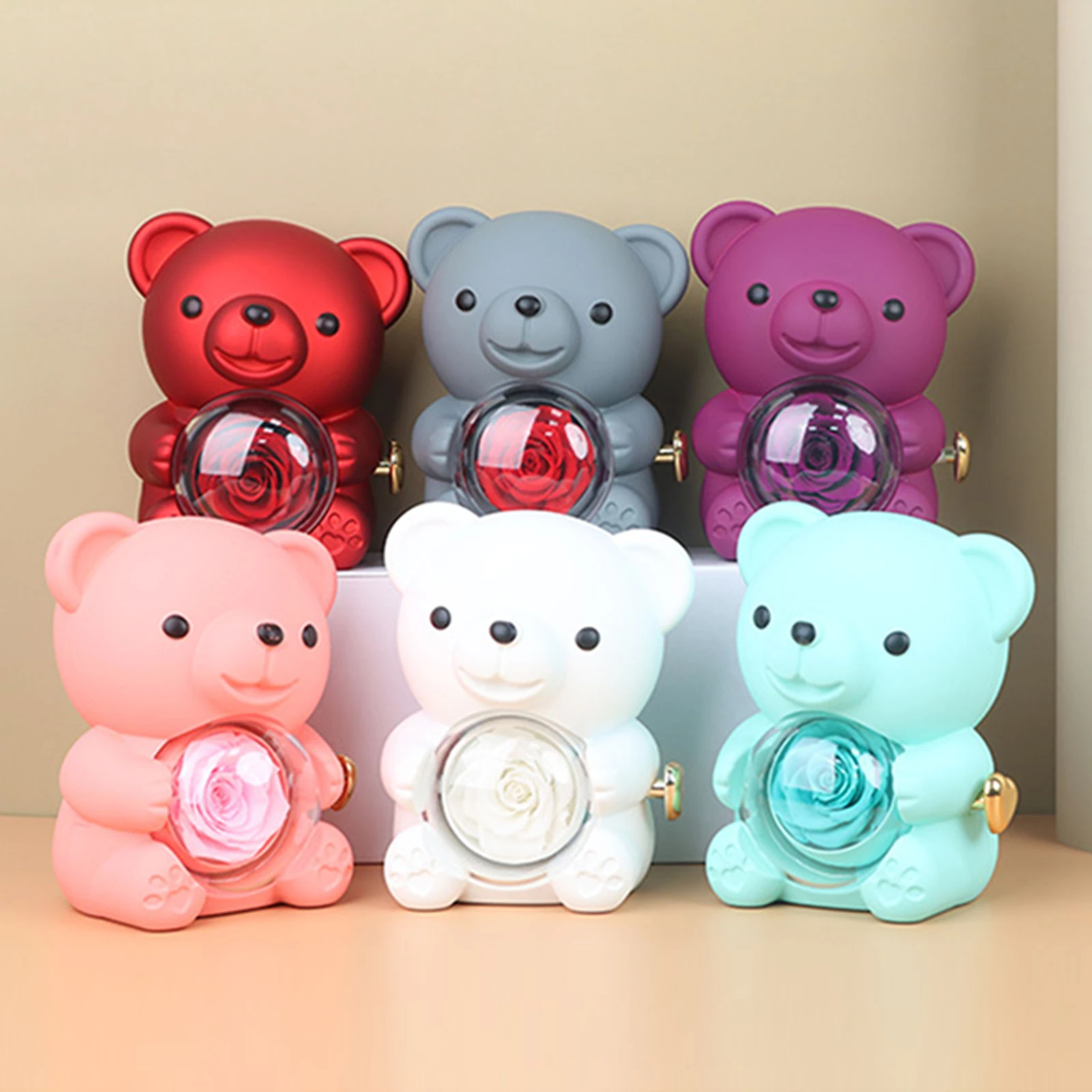 Oso de abrazo rosa preservado con flor preservada, anillo, collar, organizador, regalo, joyero con forma de oso, regalo de cumpleaños del Día de San Valentín