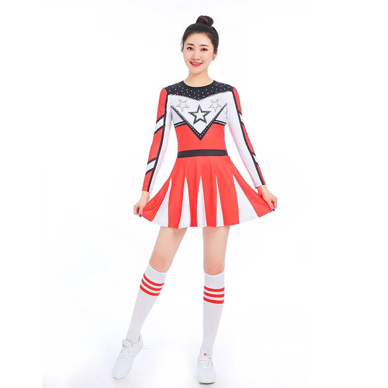 

Long Sleeves Rhinestone Womens Kids Red Cheerleading Costume Dress Uniform High School Girls Carnival Halloween Fancy Cosplay O