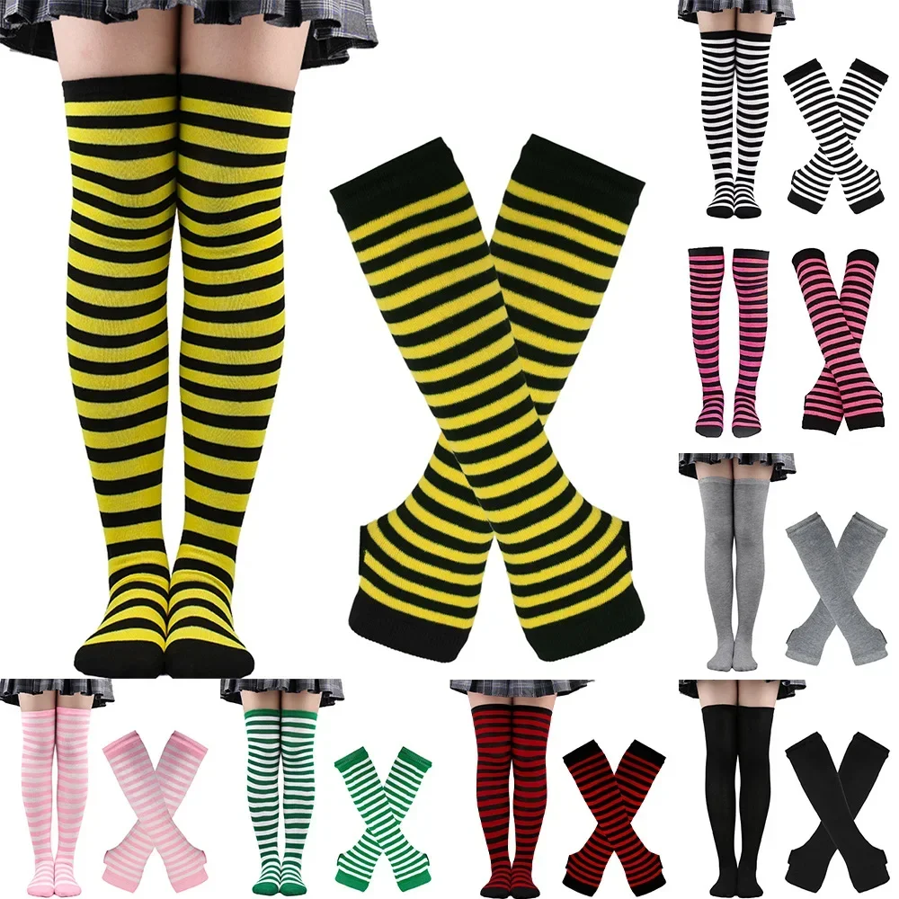 1 Set Christmas Stockings Women Gothic Punk Over Knee Long Stripe Socks Arm Sleeve Gloves for Girl Winter Thigh High Cotton Sock