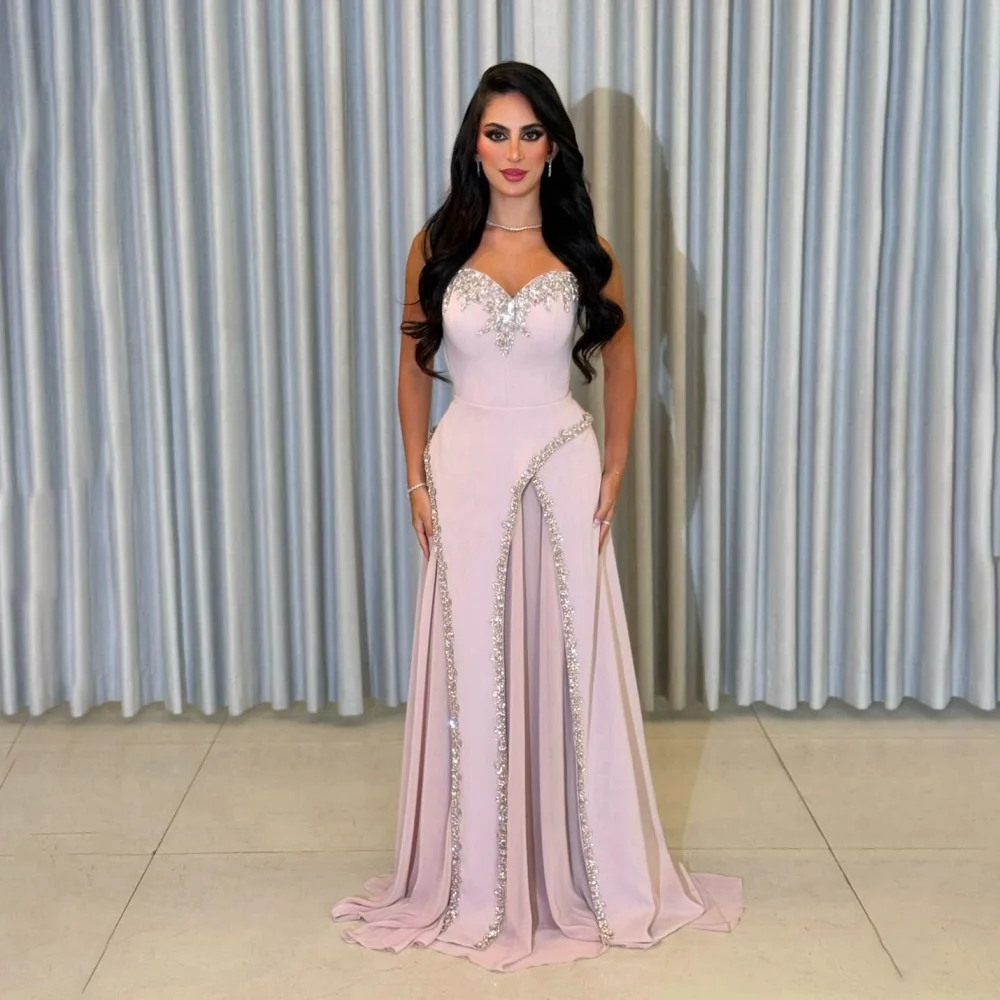 Customized Pink Strapless Sweetheart Mother Of Bride Dress Rhinestone High Split Chiffon A Line Floor Length Wedding Guest Gown