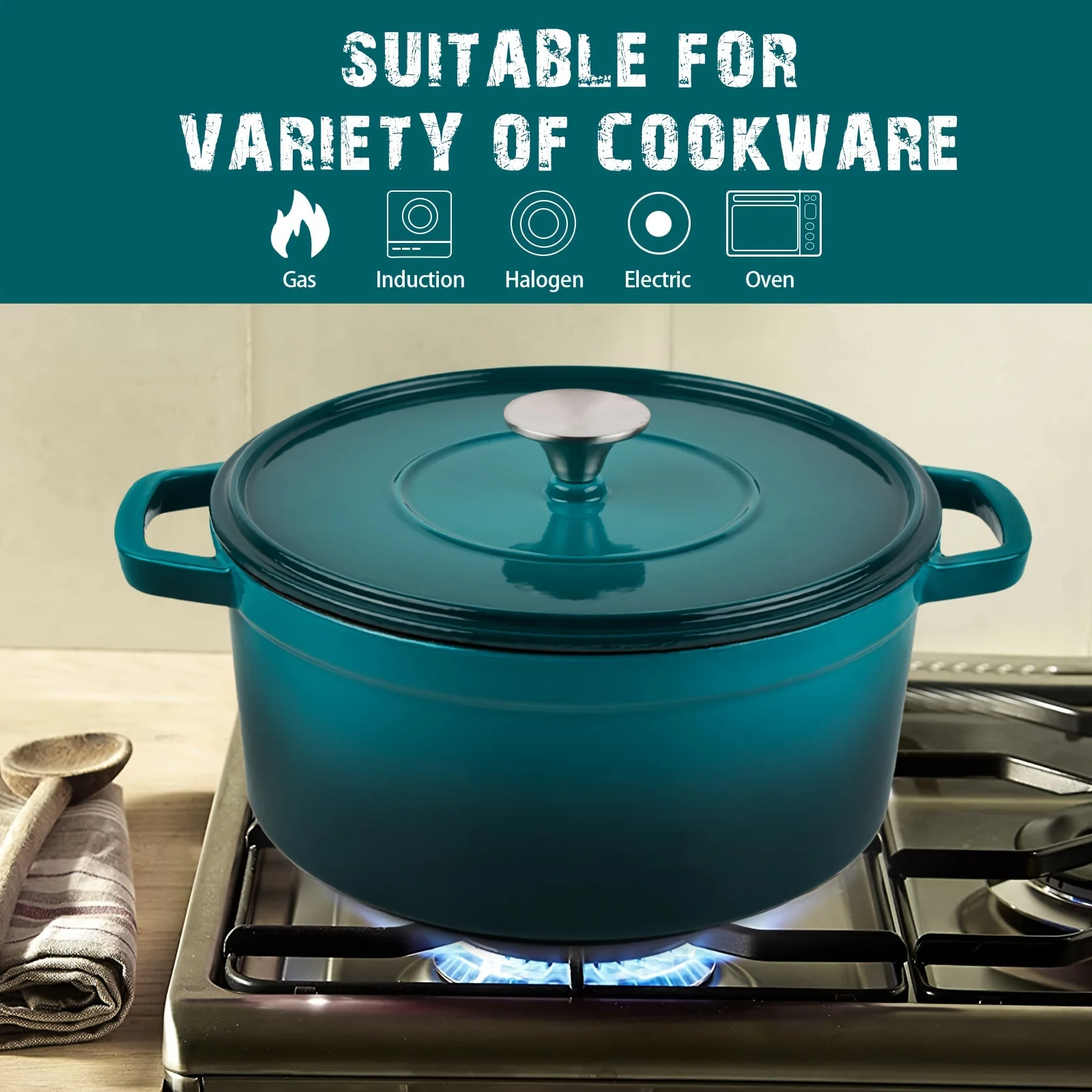 

Round Dutch Oven, Gradient Blue Green, Enameled Cast Iron Pot With Flat Lid, Oven Safe, Versatile Cookware For All Stovetops