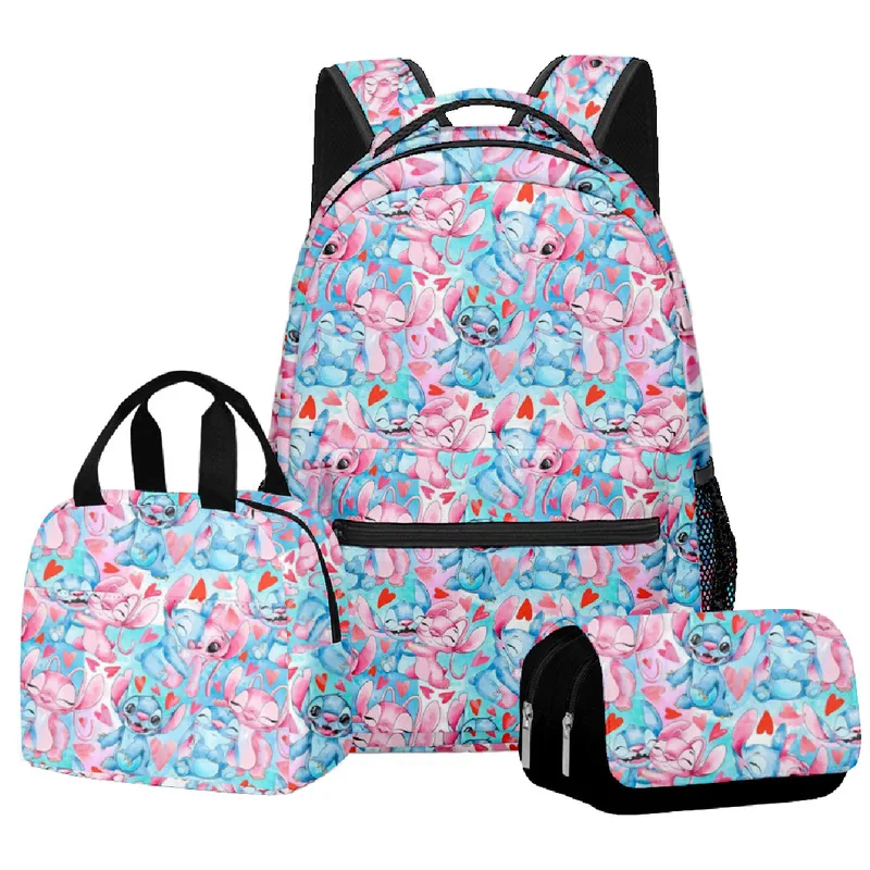 New Disney Cartoon Backpack Set Of 3 Lilo & Stitch Kawaii Stitch Printed Schoolbag Backpack Handbag Pencil Case Gift 3-Piece Set