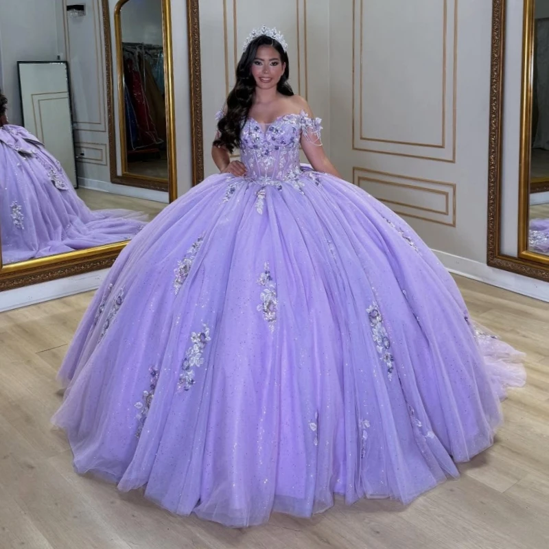 

Лавандовые блестящие платья Quinceanera с открытыми плечами, аппликация, кружево, бисер, кристалл, бант, тюлевое платье для вечеринки, дня рождения, сладкое платье 16, Vestido