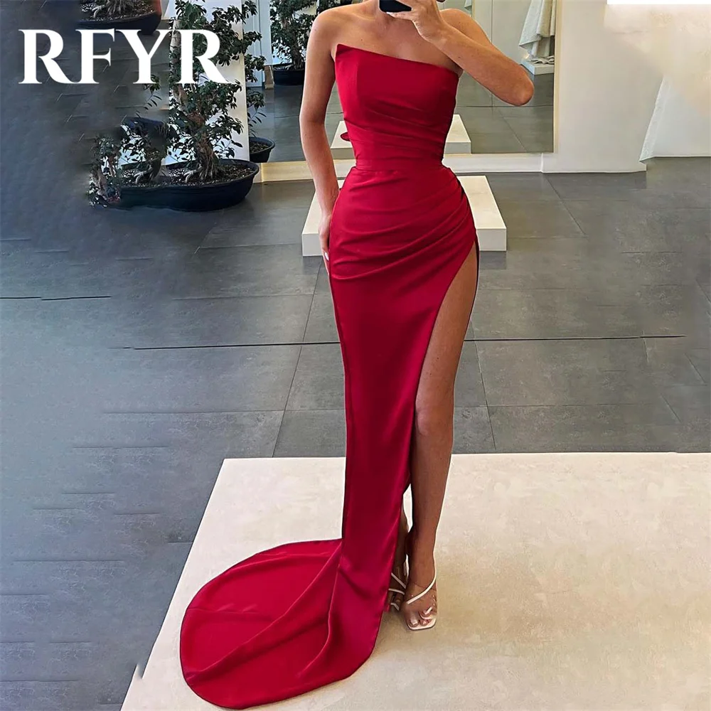 

RFYR Red Prom Dresses Strapless Trumpet Evening Dresses Pleats Satin Party Dress with Side Split Floor-length Vestidos De Noche