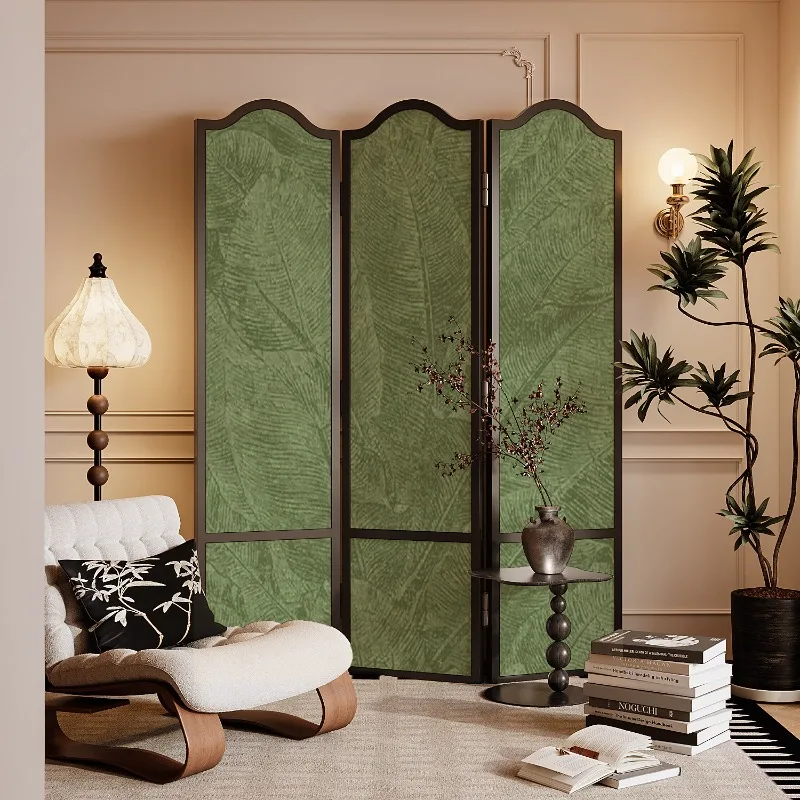 French retro green living room screen partition entry solid wood door mobile folding sofa background corner entrance