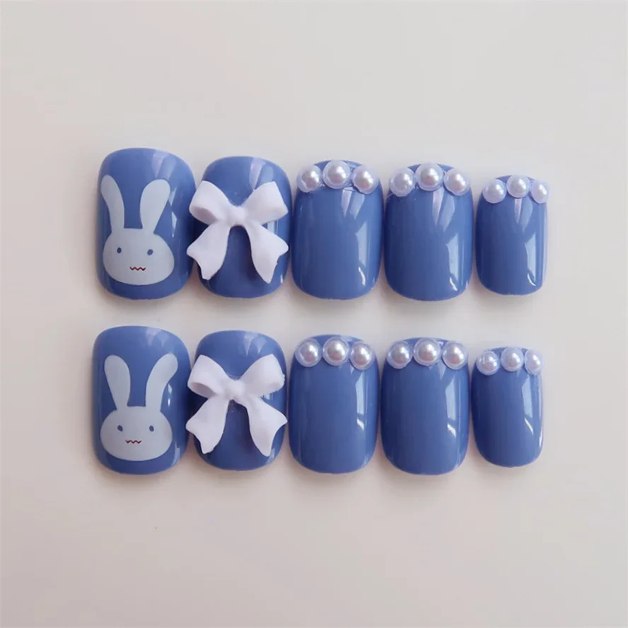 24PCS/Box Bowknot Rabbit Pattern Pearl Short Square Designer Fashion Design French Style Full Covering Pressed Fake Nails