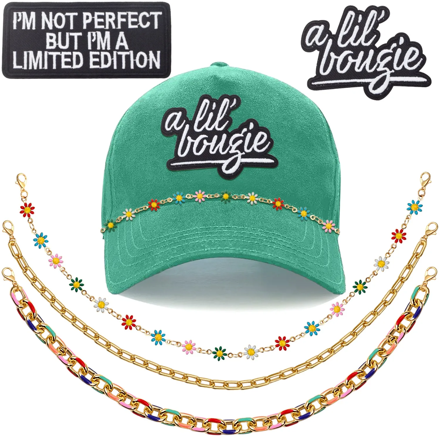 

5 PCS, Iron On Patches I'm Not Perfect But I'm A Limited Edition and A Lil' Bougie Letter and 3 PCS Trucker Hats Chains