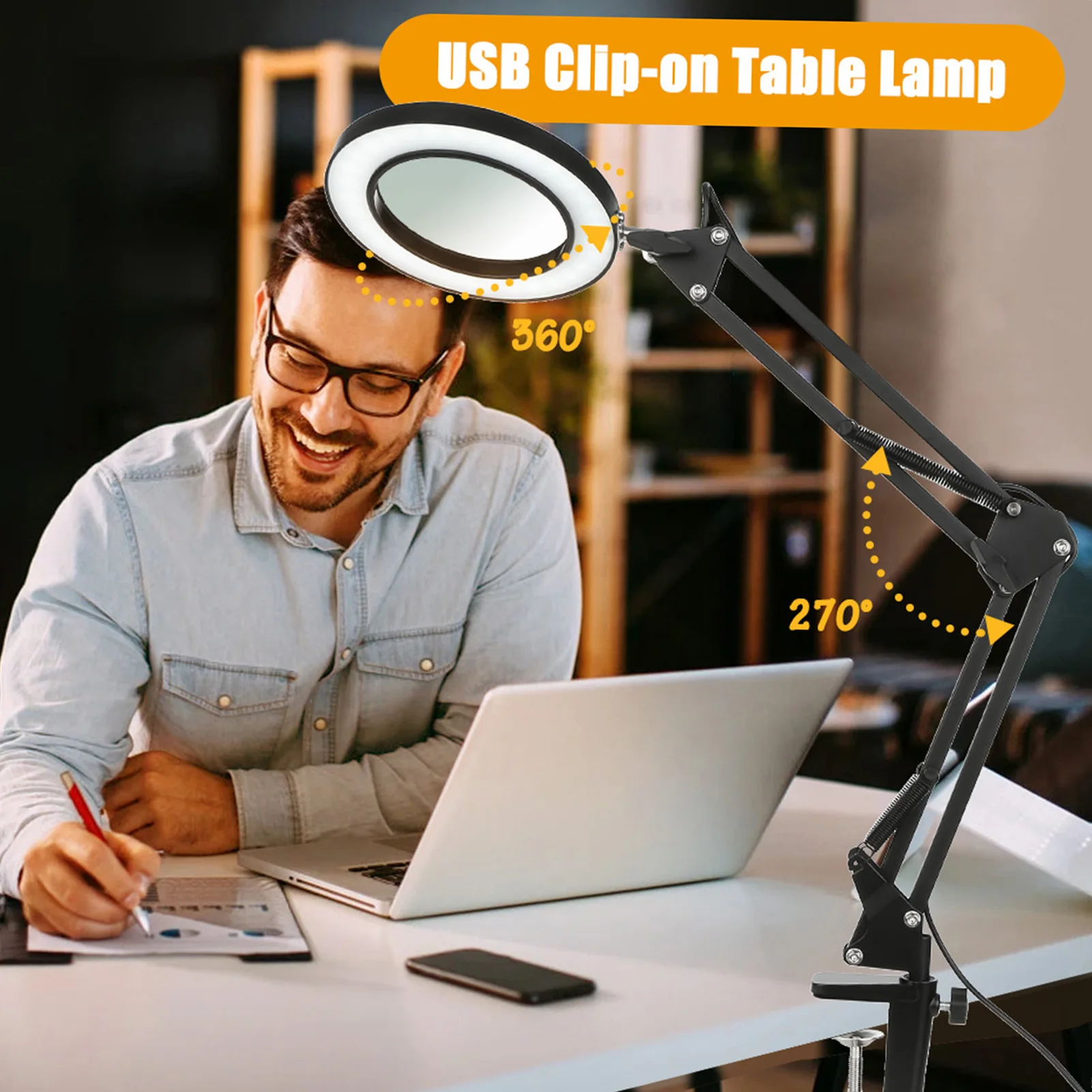 Tomshine Flexible Clamp-on Table Lamp with 8x Magnifier Glass Swing Arm Dimmable LED Desk Light 3 Color Mode 10 Brightness Level