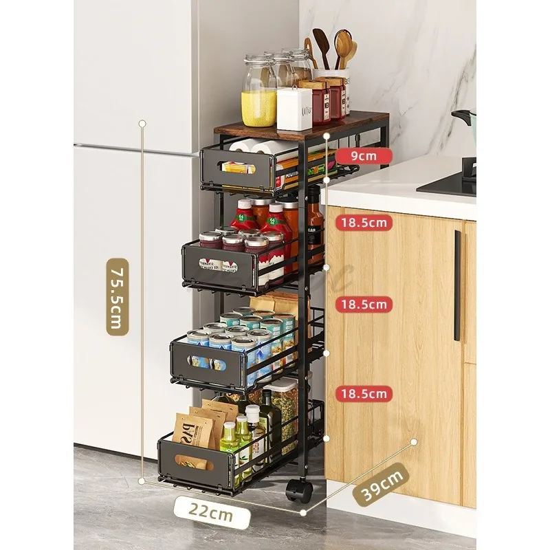 Mid Ancient Style Kitchen Crevice Small Cart Drawer Storage Rack Movable Fruit Vegetable and Snack Pull-out Storage Rack