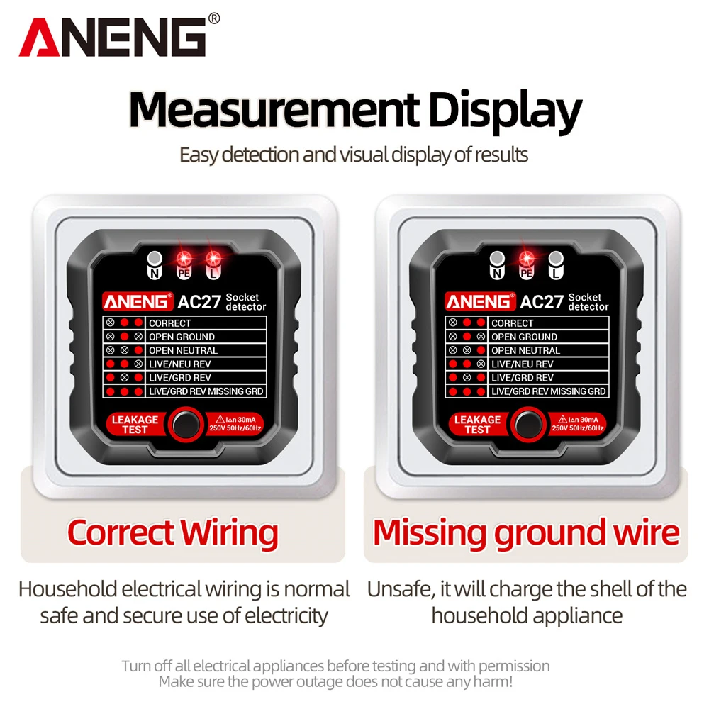 ANENG AC27 Socket Tester Voltage Test Socket Detector Ground Zero Line Polarity Phase Check Tool Circuit Checker  EU Plug