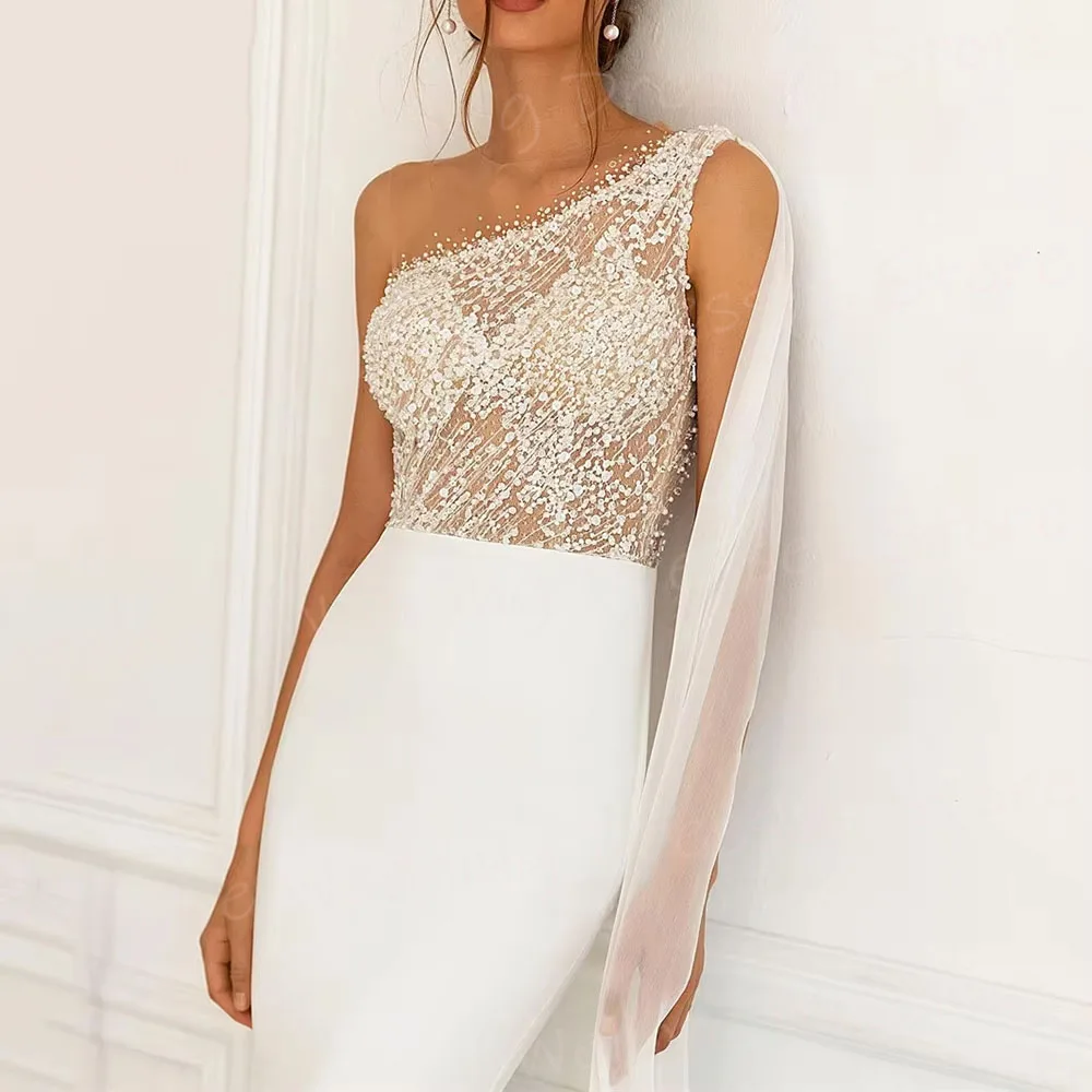 Fascinating Mermaid Women's One Shoulder Sleeveless Lace Wedding Dresses Robe De Mariée Customized Bride Gowns Vestido De Novia