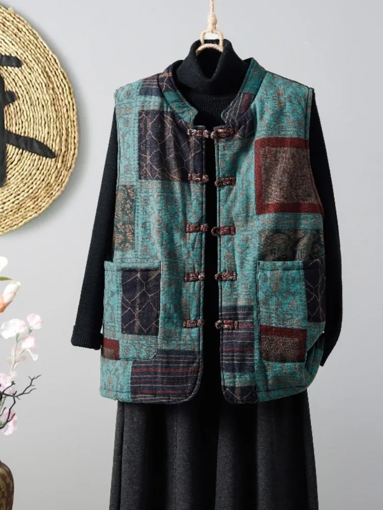 

Ретро-жилет женский из хлопка и льна с принтом, на пуговицах, утепленный, зимний, верхняя одежда, без рукавов, с цветочным узором