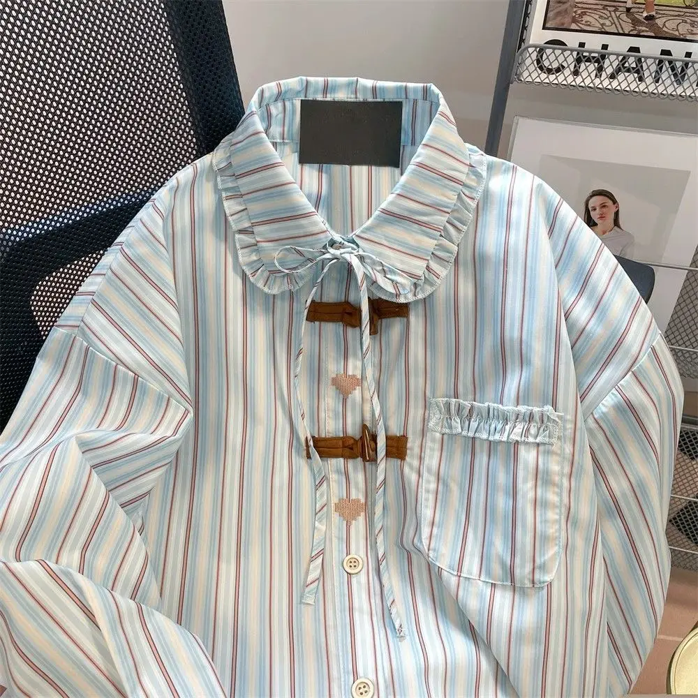Female Peter Pan Collar Buttons Striped Shirts Autumn Trend Pocket Ruffles Turn-down Collar Long Sleeve Shirts Casual Top Tee