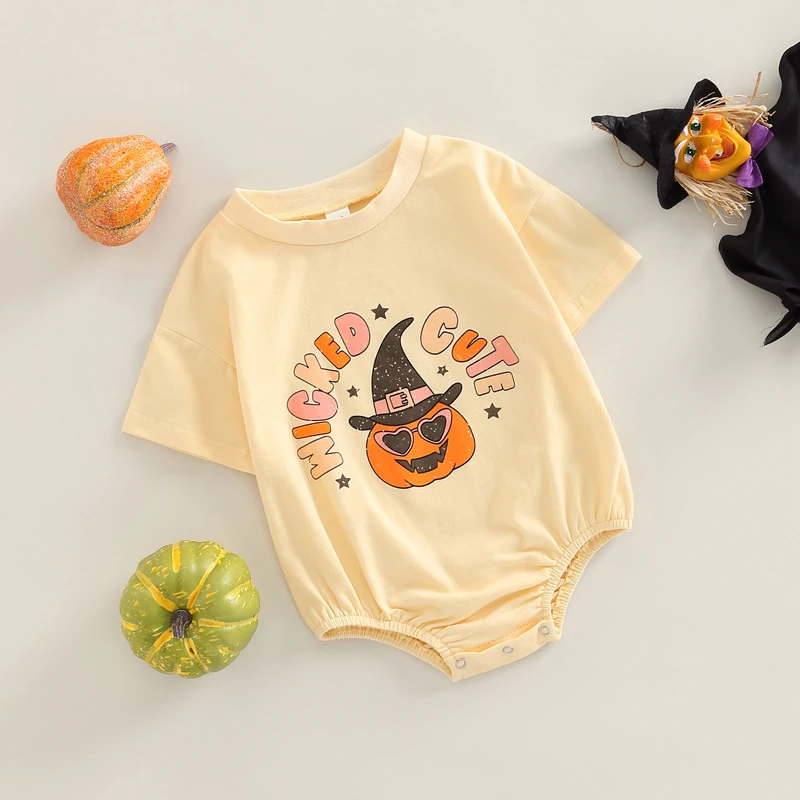 Adorável fantasia infantil de Halloween, sem mangas, estampa fantasma, gola redonda, fofa e confortável, macacão de bebê para festas de outono