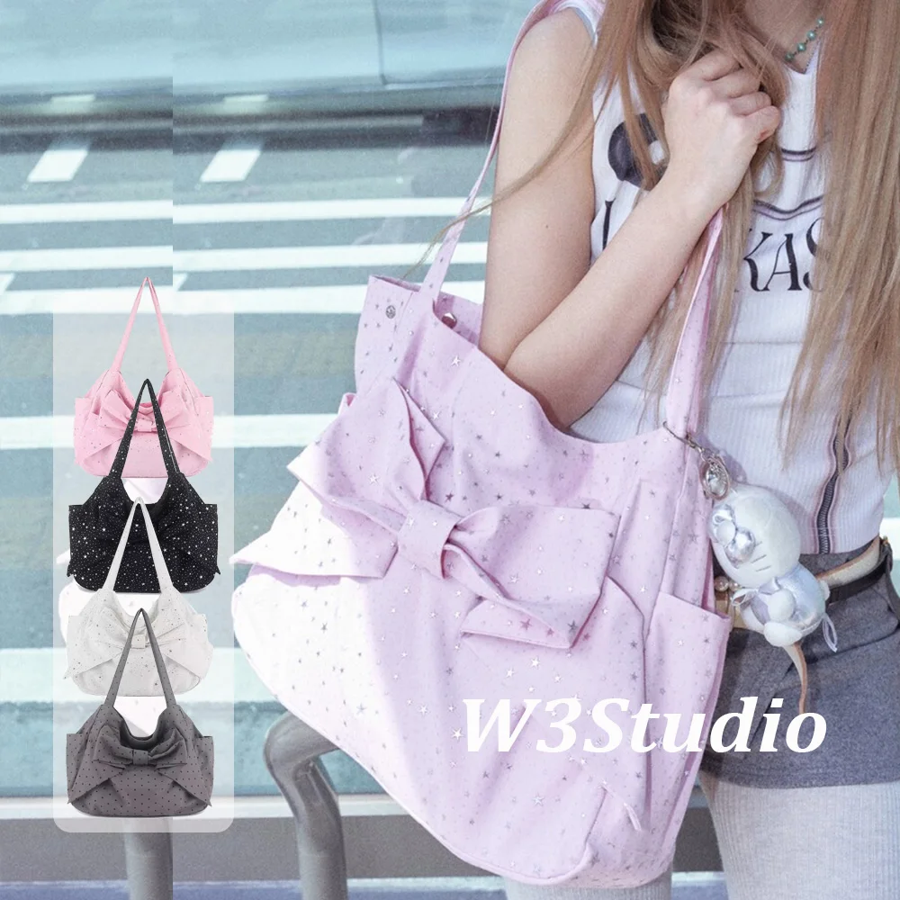 

Large Capacity Canvas Tote Bag with Knot Star Polka Dot Pattern Lightweight Single Shoulder Bag for Casual Use