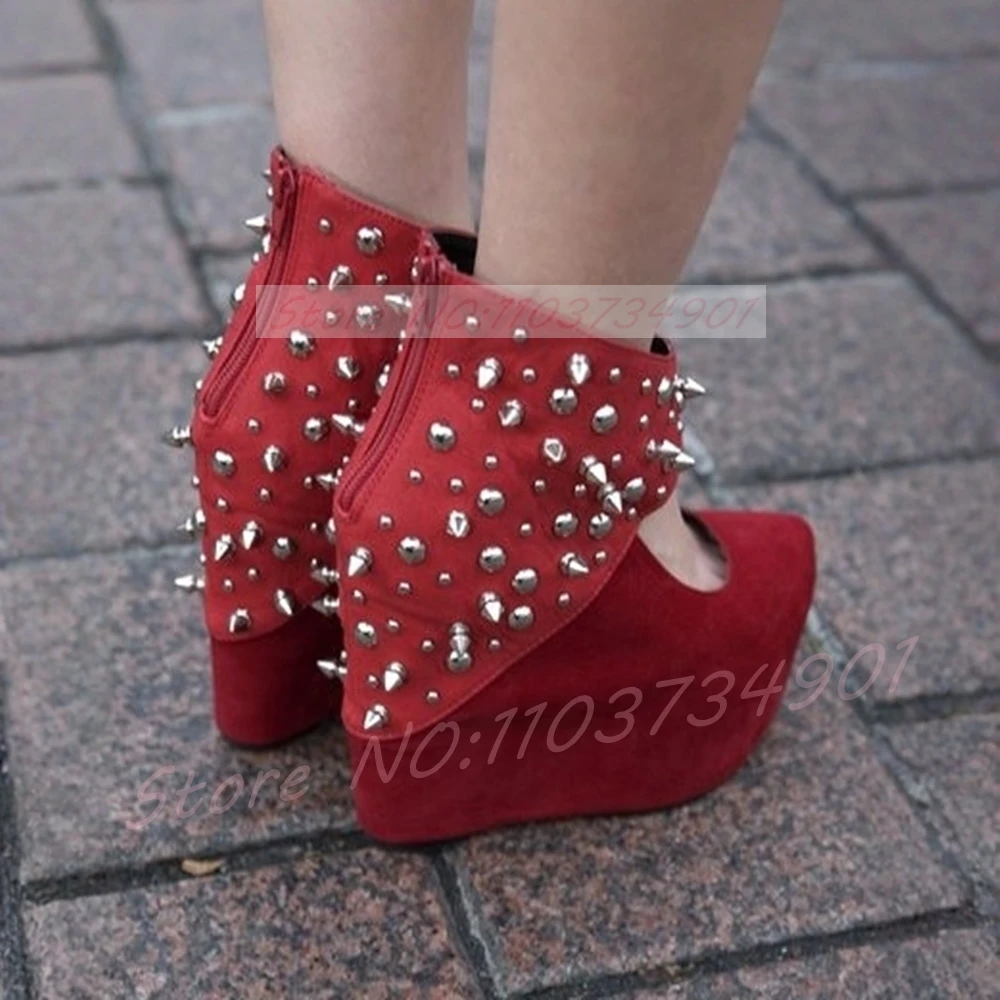 Silver Spikes Dome Hollow-out Elevator Shoes Women Red Flock Round Toe Platform Boots Cute Girls Gothic Punk Solid Footwear