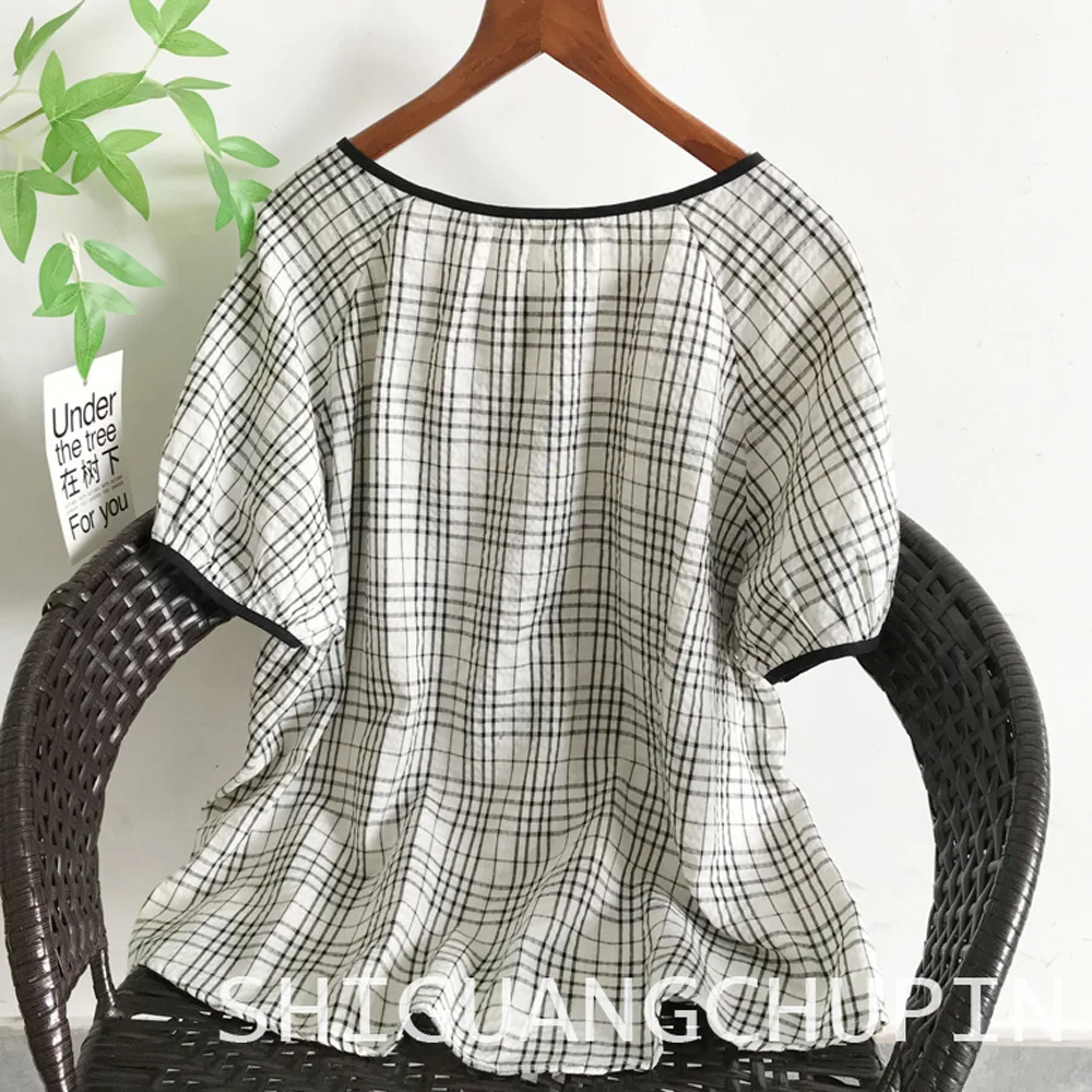 Japanese Mori Girl Vintage Plaid Single Breasted Shirts Women Summer O-Neck Short Sleeve Casual Loose Blouse Tops