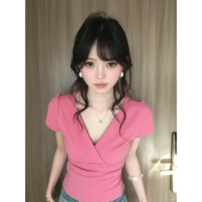 Women's V-neck Puff Sleeve T-shirt Slim Fit Solid Color Casual Summer Crop Top