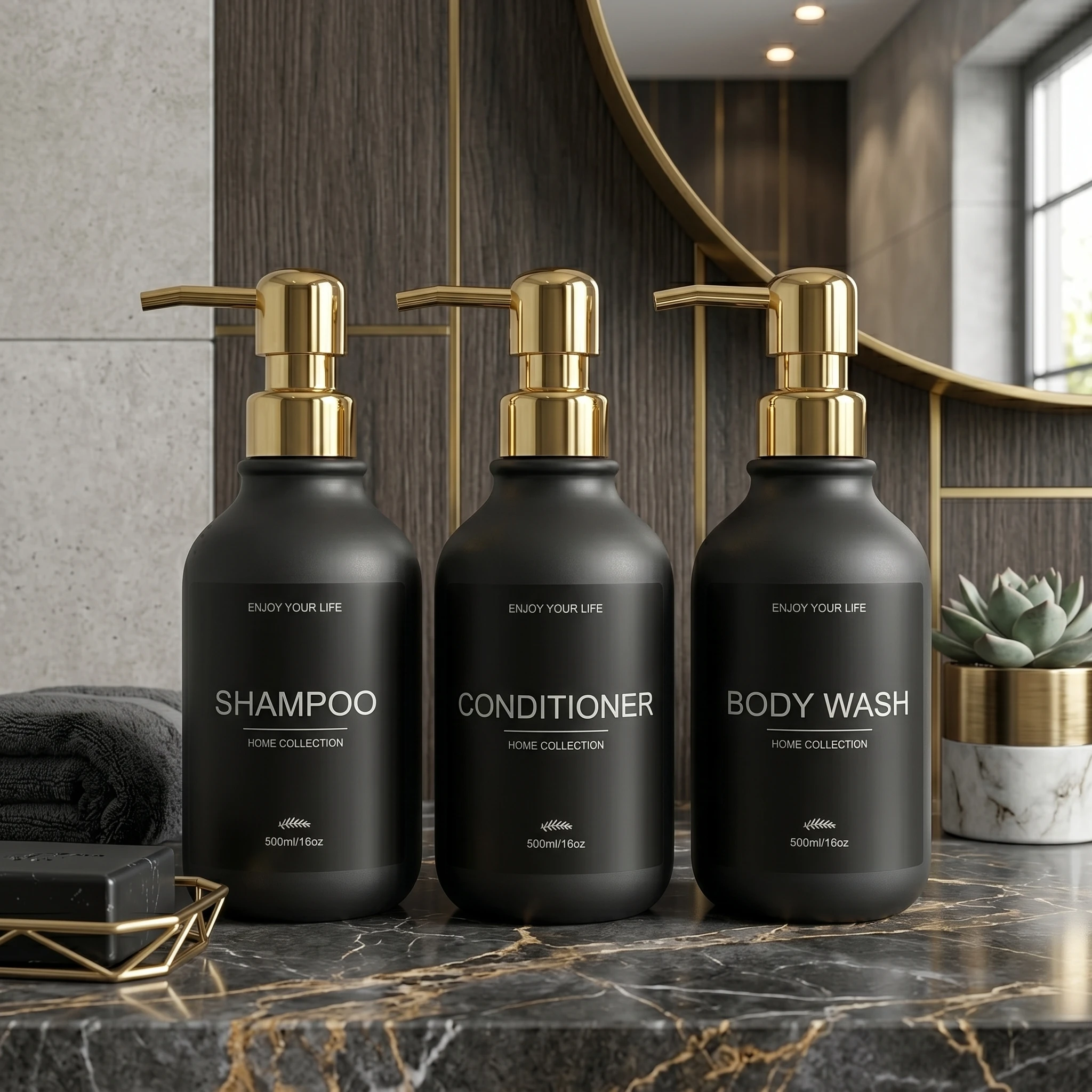 Matte Black Shower Dispenser Bottles Plastic Shampoo Conditioner Body Wash Pump Bottles with Gold for Bathroom Vanity Shower