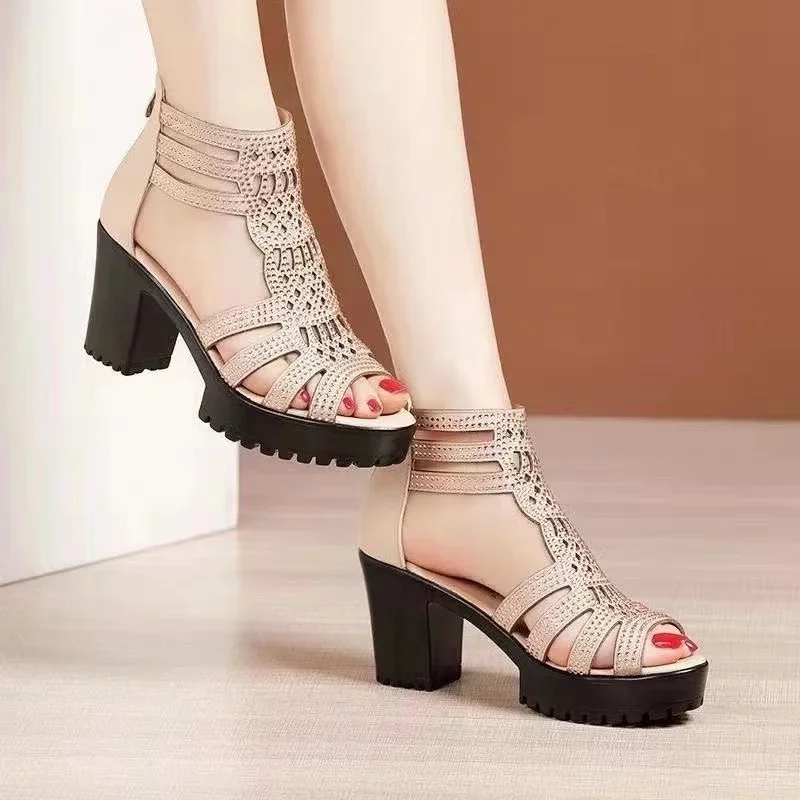 Fashionable and Elegant Banquet High Heels Women's Shoes Round Toe Square Heel Fish Mouth Rhinestone Zipper Comfortable Sandals