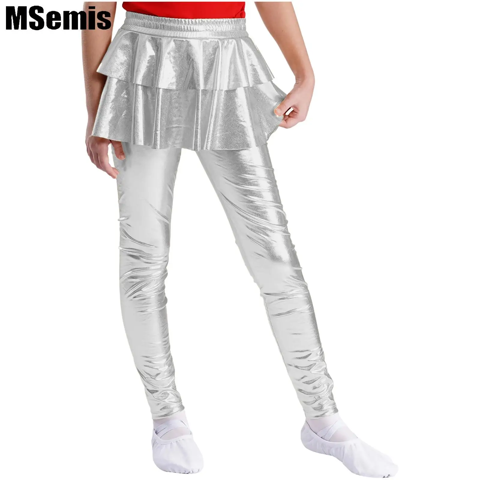

Kids Girls Metallic Dance Skirted Pants Ruffled Leggings Elastic Waistband Shiny Pants Skirt Stage Performance Costume