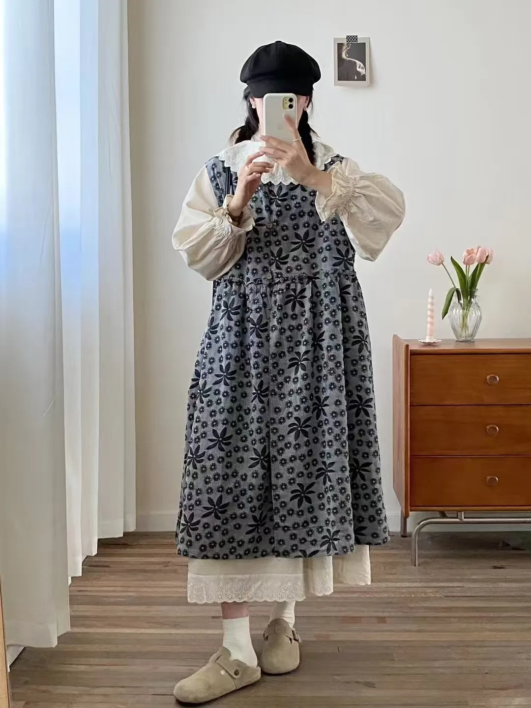 Nuevos vestidos de chaleco de algodón de invierno 2025, vestido suelto INS de estilo japonés Retro de chica Mori con botones estampados y cuello redondo para mujer D5N794CC