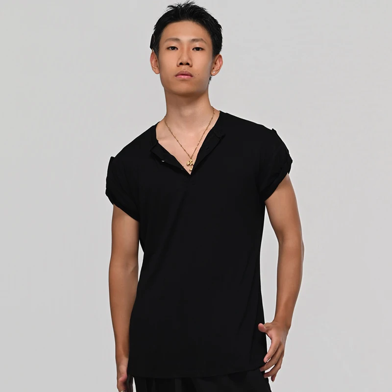 Top da ballo latino da uomo maniche corte piccolo scollo a V maglietta nera Rumba Cha Cha abbigliamento da allenamento top per pratica professionale BL16955