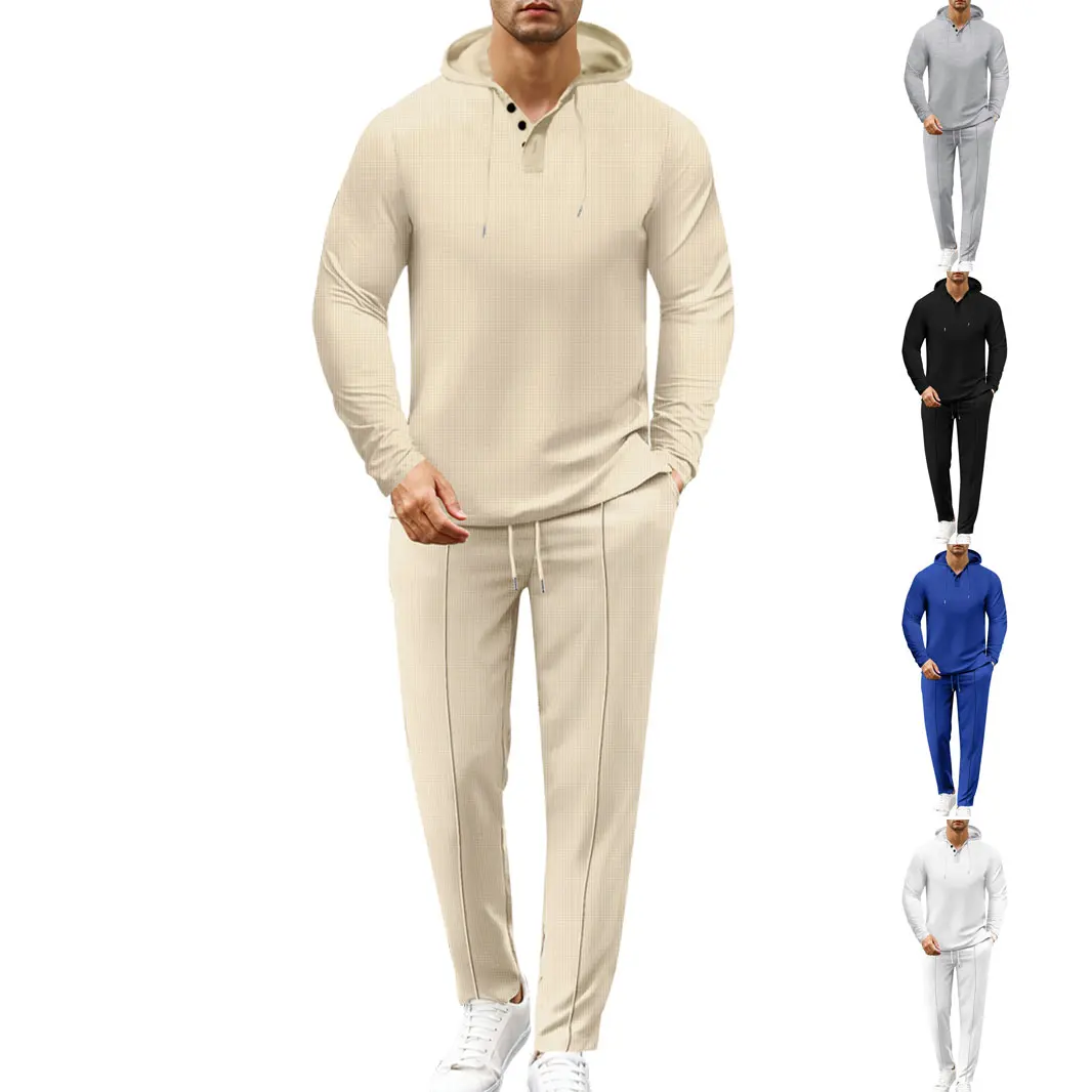 

New Men Leisure Set Walf Checks Fabric European and American Style Hooded Solid Color Long-Sleeved Top Two-Piece Trousers