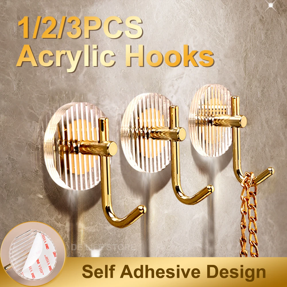 

1-3PCS Adhesive Wall Hooks Acrylic Shower Hooks for Hanging Gold Self-adhesive Hooks Towel Holder Bathroom Accessories