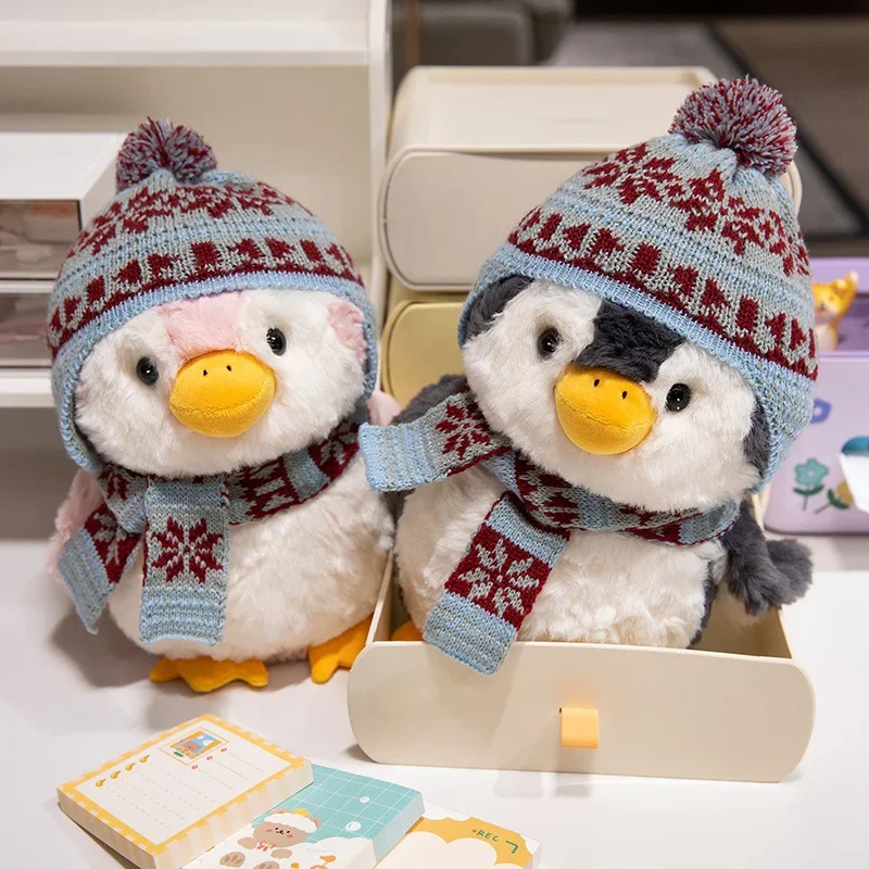 الكرتون الشتاء البطريق الأرنب مع قبعة وشاح Kawaii عناق لينة ألعاب من القطيفة محشوة الحيوان وسادة هدايا عيد الميلاد #2