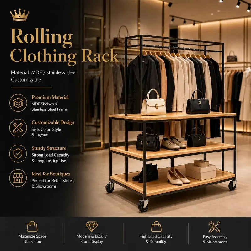 Rolling Clothing Rack 3 Tier Custom Stand for Garment Retail Display