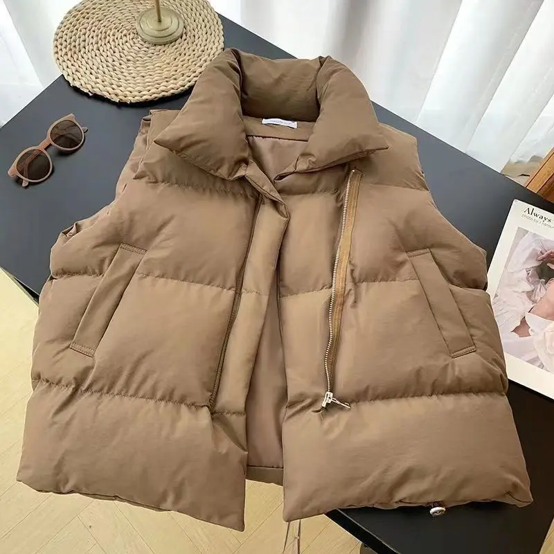 Women's Winter Short Down Sleeveless Vest Warm Stand Collar Zipper Jacket Casual Fashion Quilted Cropped Coats Women Outerwear