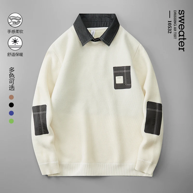 

Осень-зима, мужской шерстяной свитер с воротником-поло, мужской пуловер 2025 года, отпускная футболка из двух частей, свитер с воротником, холодная рубашка