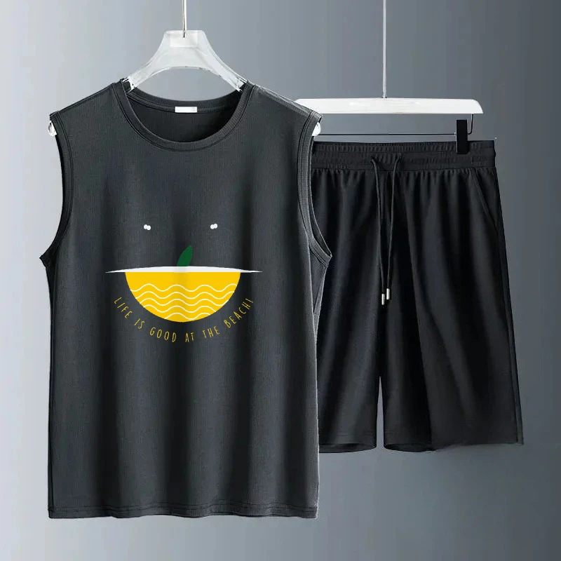 2025 الصيف ارتداء اليومي الأصفر كبير الفم طباعة الرجال مجموعات أكمام عادية مريحة خفيفة الوزن الزي للرجال الدعاوى الصالة الرياضية مجموعات