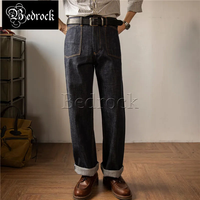 Vintage Railroad Worker Pants Mens Workwear Jeans Cattle Raw Denim High Waist Loose Straight Classic Bukleback selvedge jeans