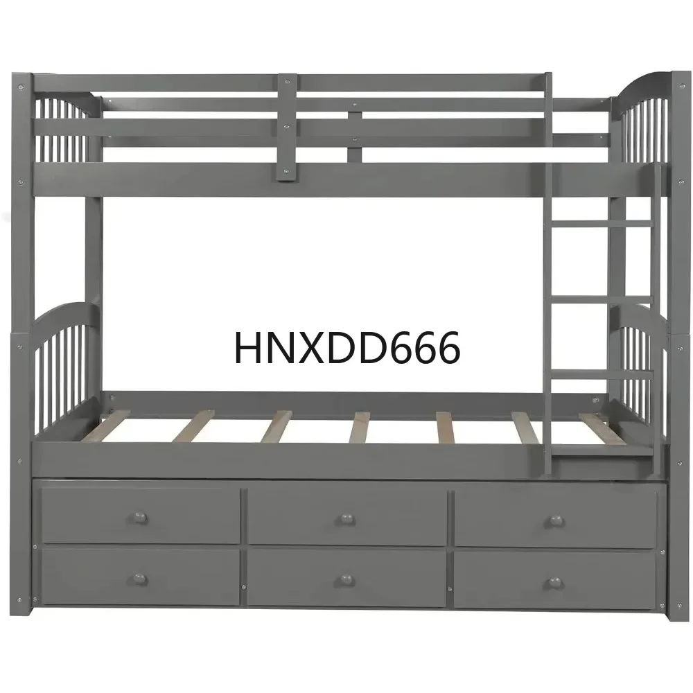 

Wooden Bunk Bed Twin Over Twin Size with Trundle and 3 Storage Drawers, Detachable Bunkbeds Frame for Kids Teens Adults Bedroom