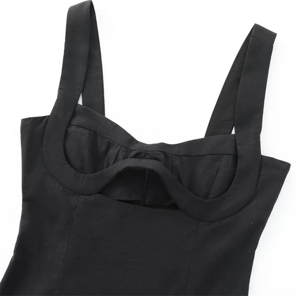 Sommer neuer Damen-Stil, schmale Passform, breiter Schultergurt, schwarze Leinenmischung, Temperamentkleid, schlankmachender kurzer Rock