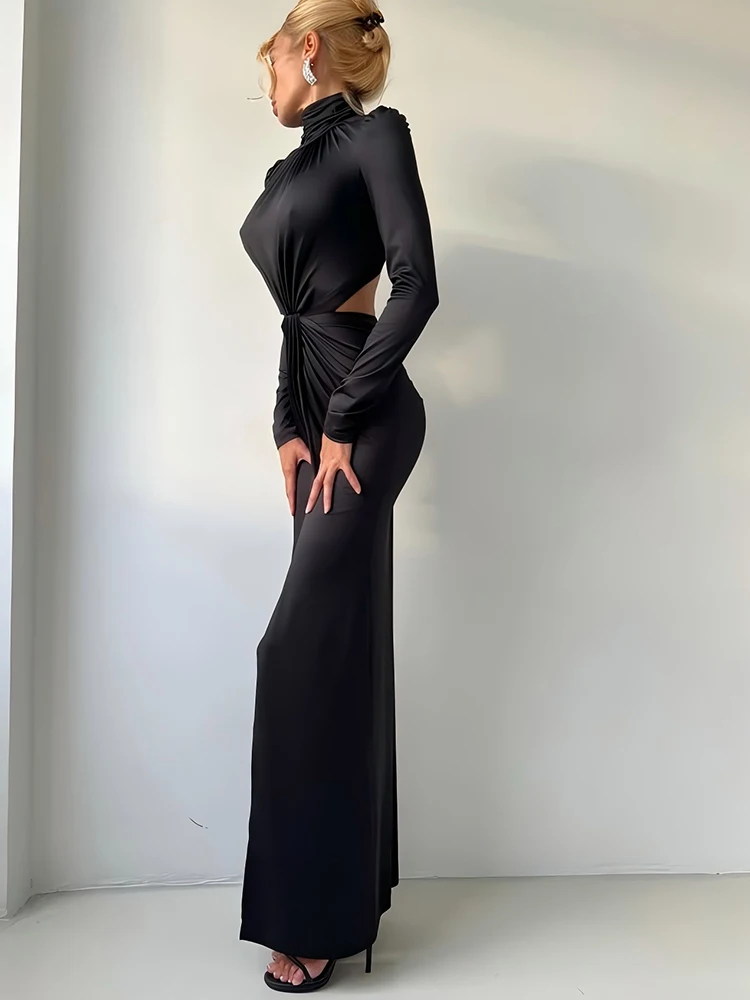 JULISSA MO col roulé Sexy dos évider froncé femmes robe Maxi automne fermeture éclair manches longues maigre élégant robe de soirée