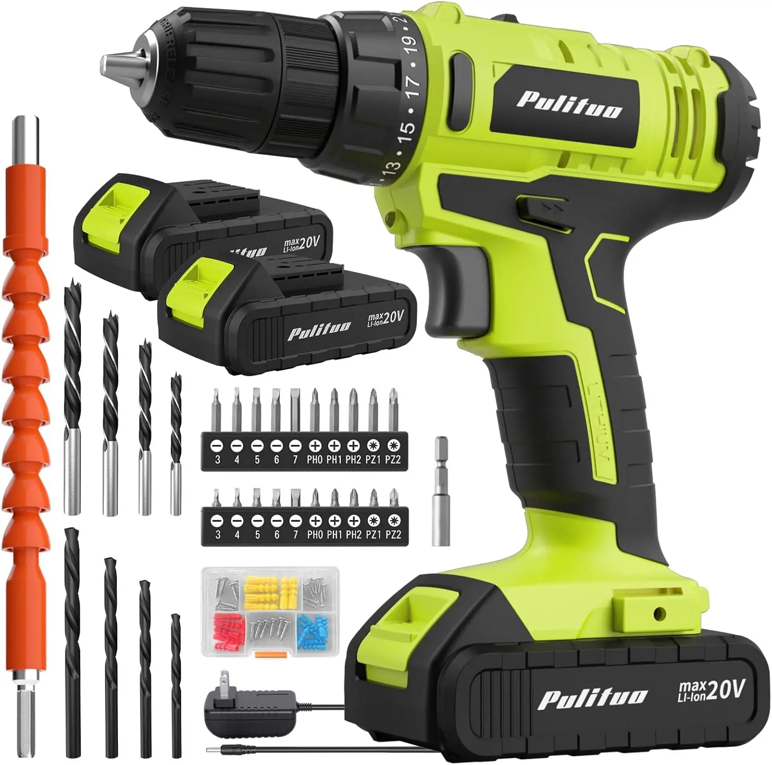 

20V Cordless Drill/Driver with 2 Batteries, 30Nm Torque, 2 Speed, LED Light - Home Kit (Green)