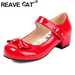 REAVE CAT Janes Pumps Women Chunky Heels 4cm Bowknot Buckle Strap Small Size 30 31 32 Sweet Dating Shoes Spring 42 43