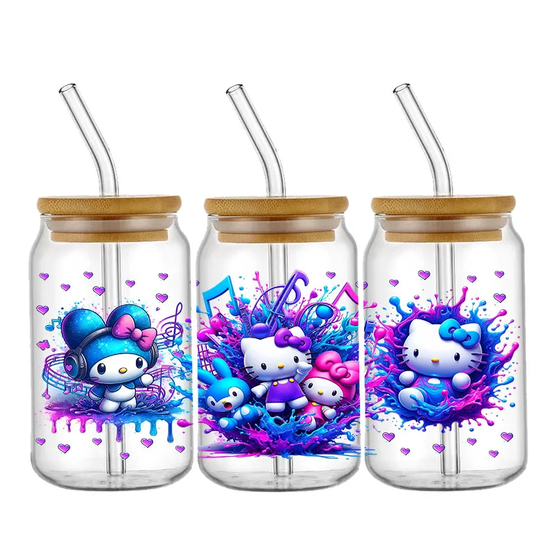 Cartoon Hello kitty 16OZ UV DTF Cup Wraps Transfer Sticker For Glass Libbey Can Bottle  waterproof DIY Custom