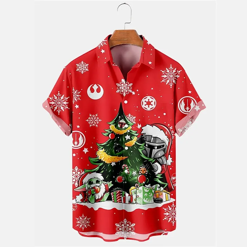 Christmas tree casual men\'s shirt casual weekend autumn loose short-sleeved shirt four-way stretch fabric Christmas shirt