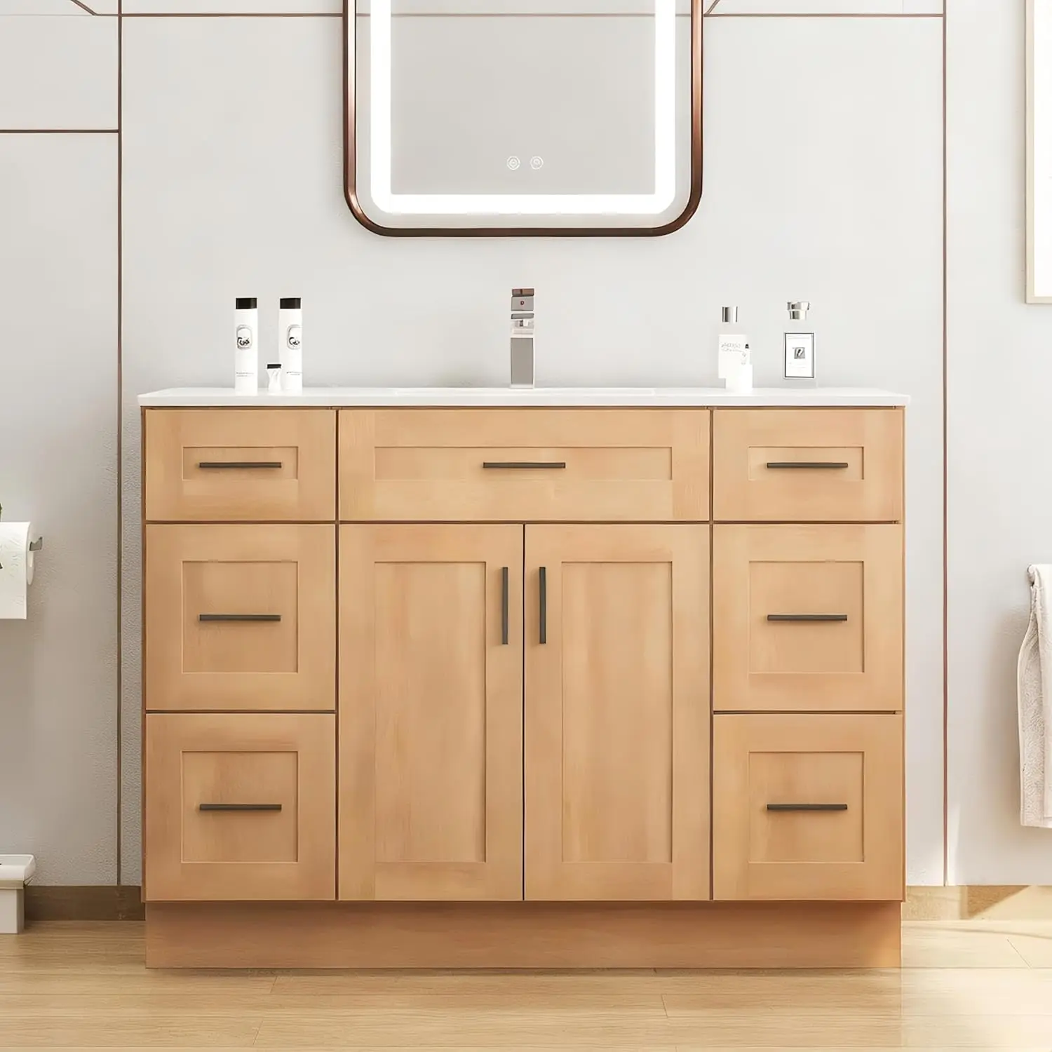 

48-дюймовый туалетный столик для ванной комнаты с раковиной — высококачественный шкаф для ванной комнаты для семейного использования, конструкция из массива дерева, керамическая раковина, по индивидуальному заказу