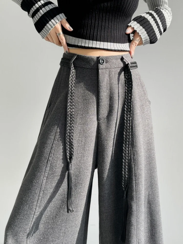 Deep Grey Thickened Wide Leg Pants Women's High Waist Slimming Trousers Casual Floor-Length Pants Korean Style Commute Wind