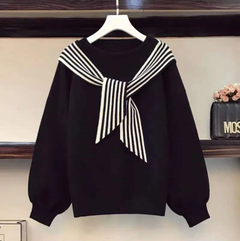 Oversized Women's Design with Striped Patchwork Shawl Sweater Japanese Lazy Retro 2023 Autumn New Winter Knit
