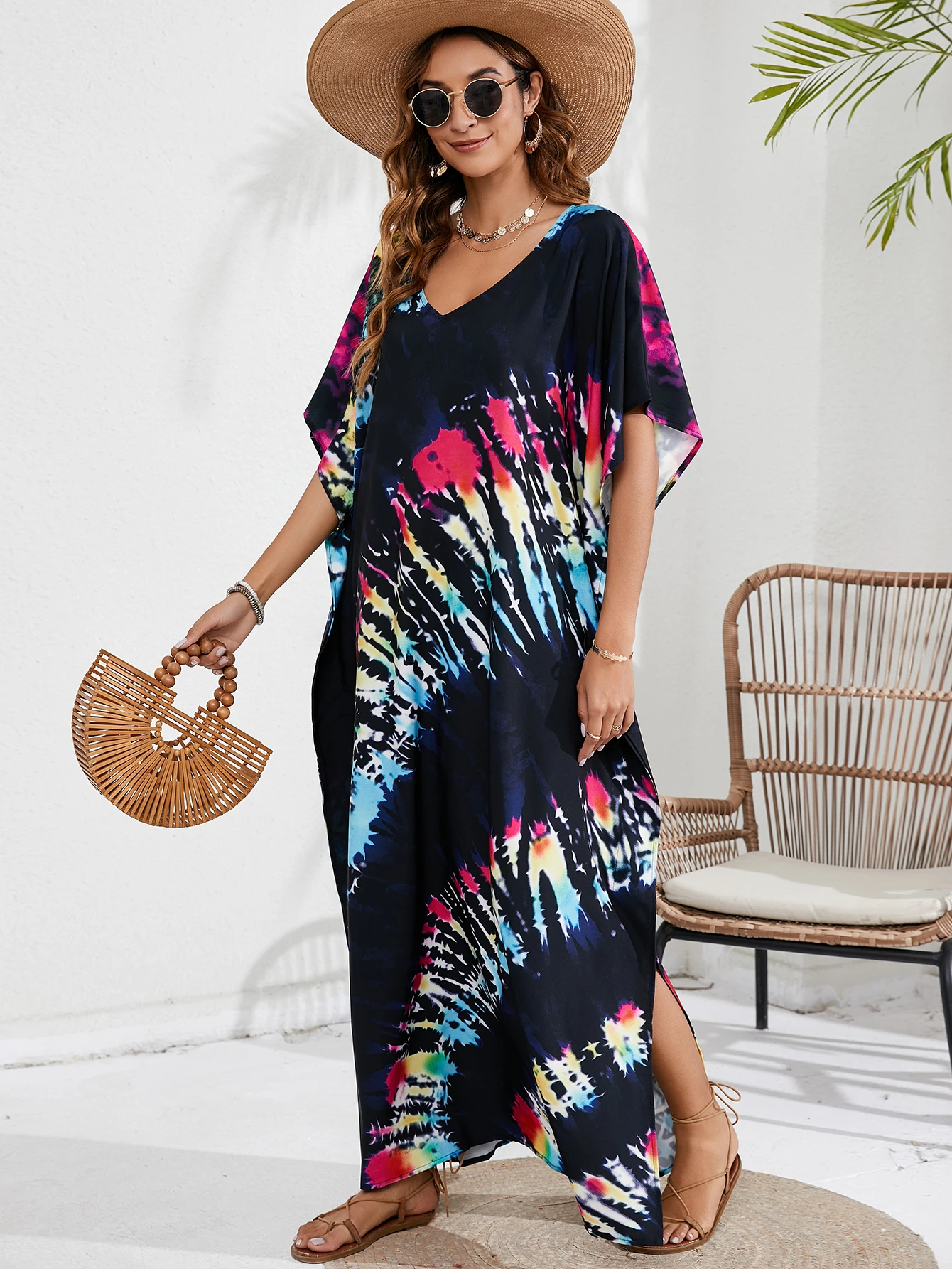 Black Background Splatter Colorful Tie Dye Long Kaftan, V Neck Oversized Maxi Cover Up Dress, Bohemian Casual Robe for Women Tro