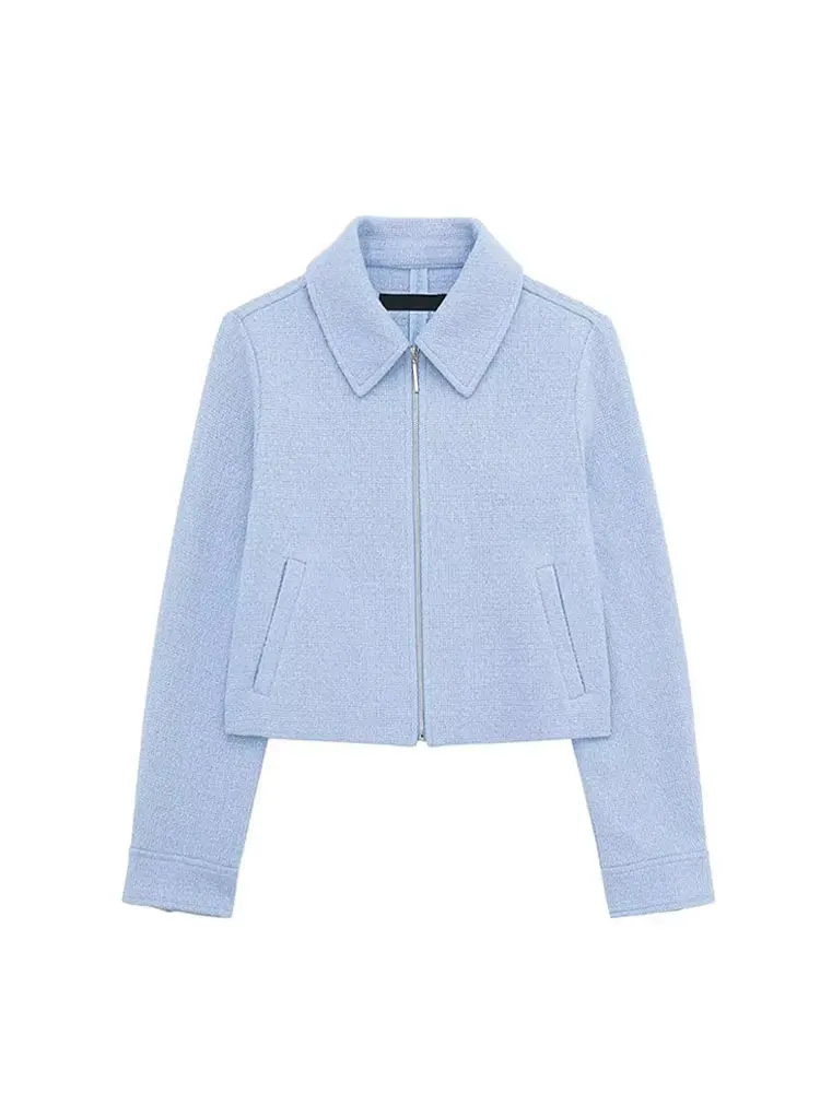 

HH женские модные весенние шикарные куртки синие с отложным воротником и длинными рукавами, карманами на молнии, женские уличные короткие пальто