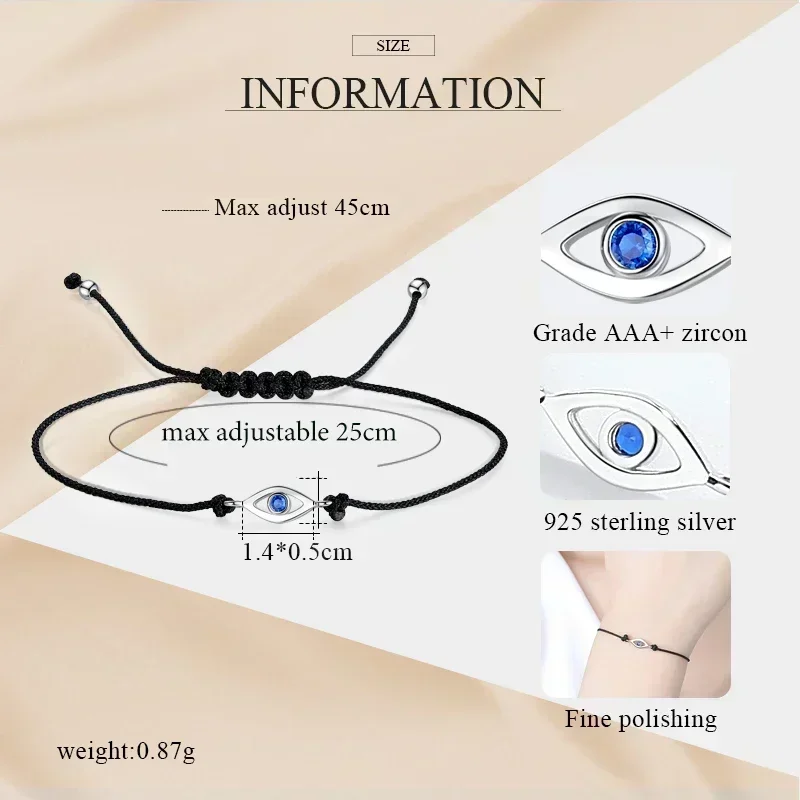 KALETINE Evil Eye Bracelet Pure 925 Sterling Silver Bracelets for Women Blue CZ Turkey Men Jewelry Black Adjustable Rope Chain