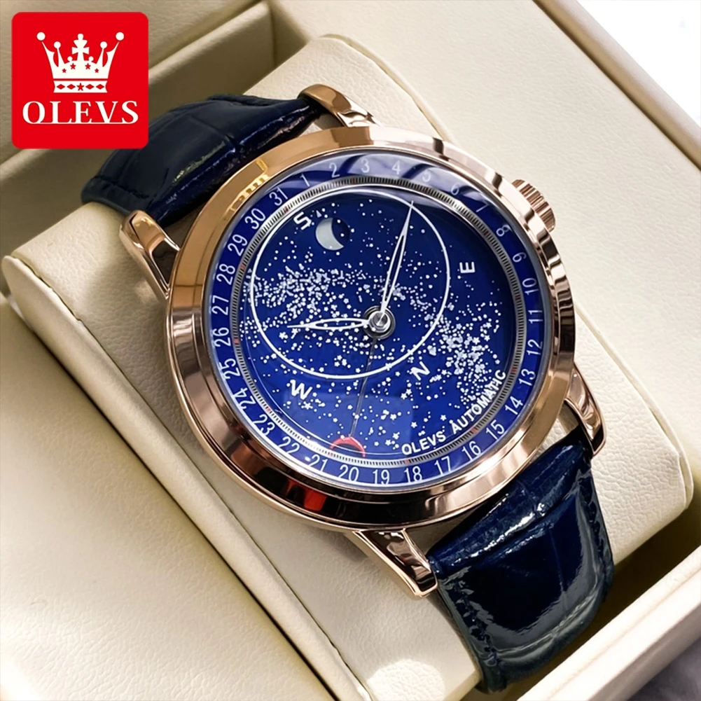 

OLEVS 9923 Men Watch Business Blue Leather Luxury Diamond Star Moon Phase Watch Top Brand Men Fully Automatic Mechanical Watch
