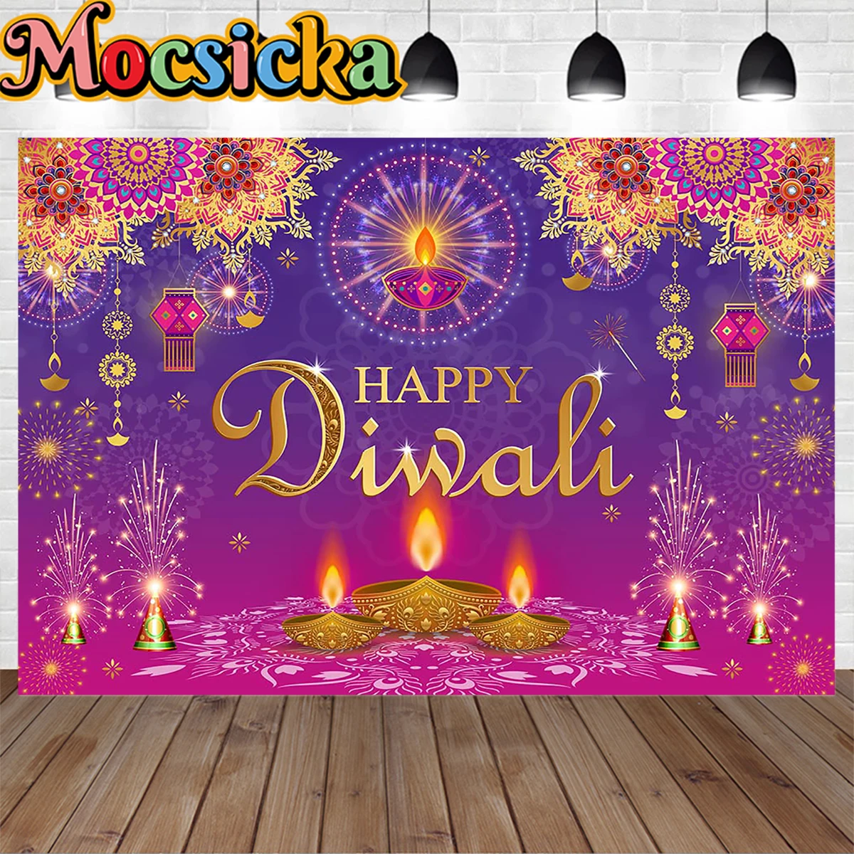 

Happy Diwali Decor Background Banner Indian Festival Party Photography Backdrop Purple Floral Lamp Candle Photoshoot Booth Props